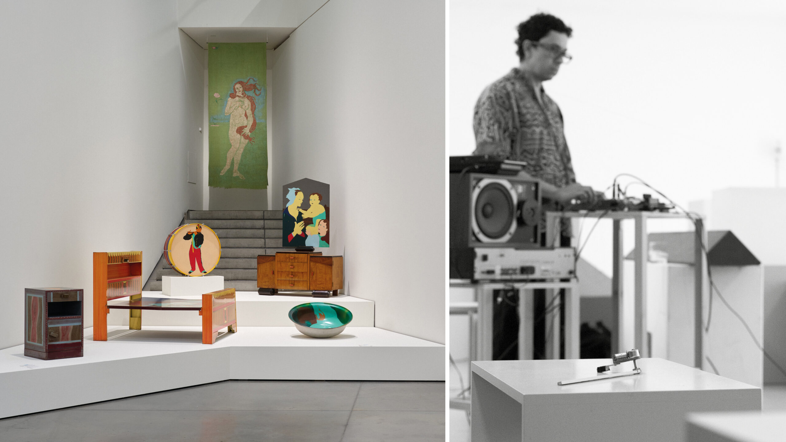 Portrait of the artist Icaro Zorbar and an installation view of Beatriz Gonzalez exhibition