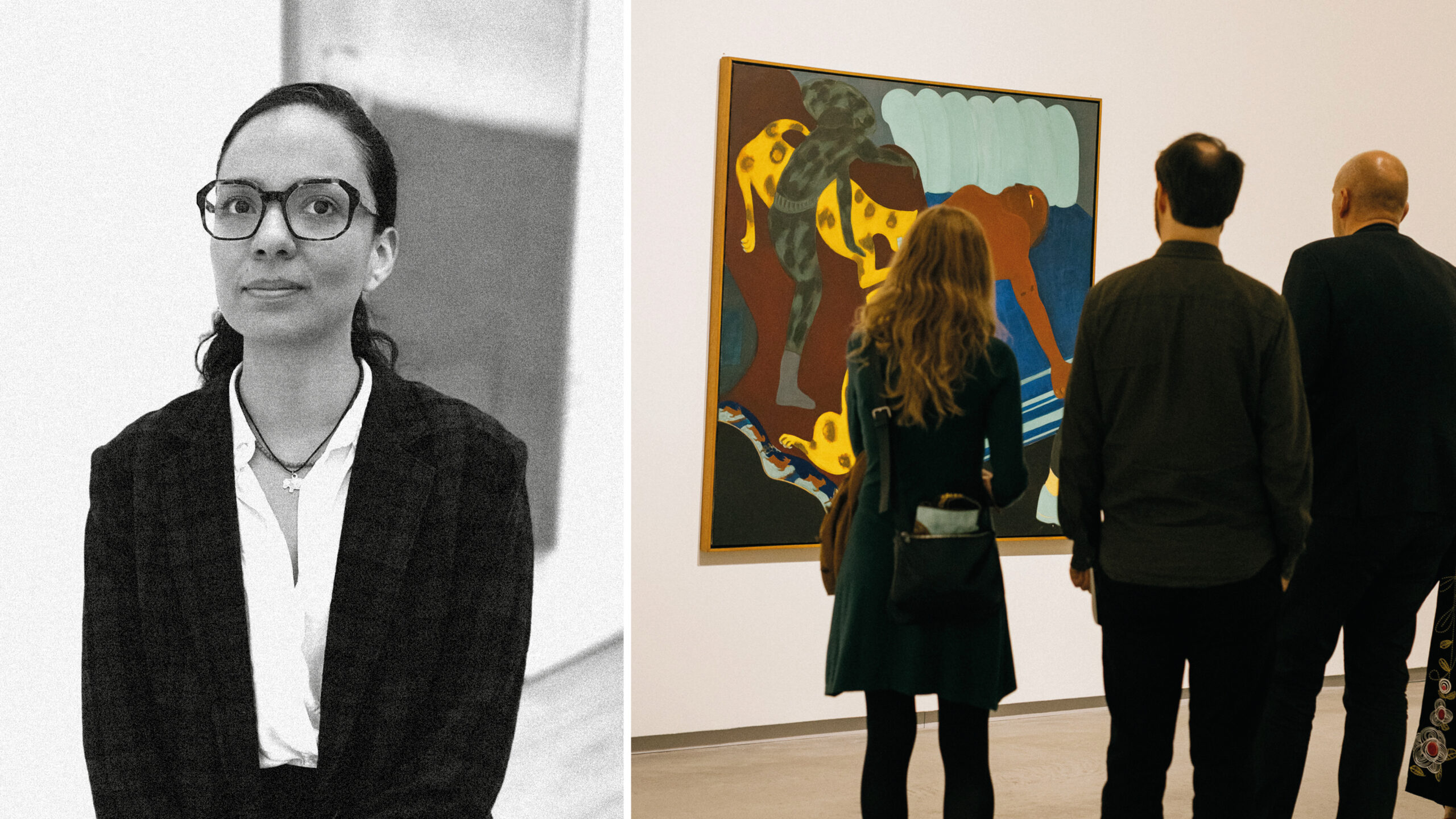 The image shows a portrait of Maria Esmeral Henriquez and an image from Beatriz Gonzalez exhibition