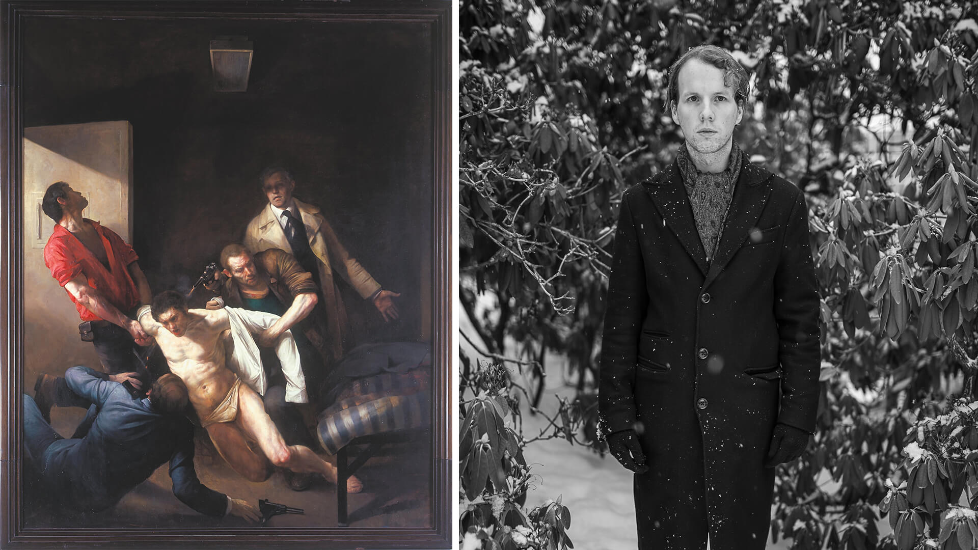 writer Anders Brenno next to the painting Mordet på Andreas Baader